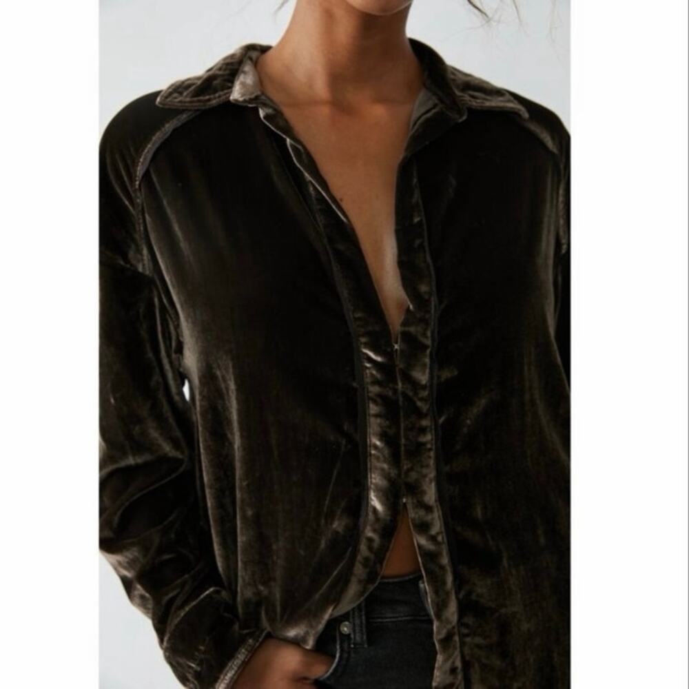 Free People Marianne Velvet Top Midnight Brown Button Down Blouse Boho S